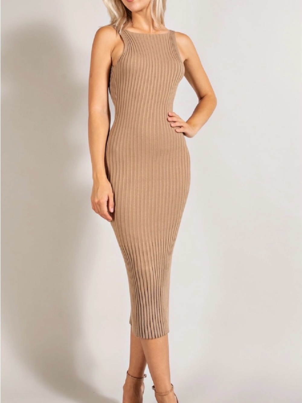 Sleeveless Ribbed Bodycon Midi Dress in Taupe